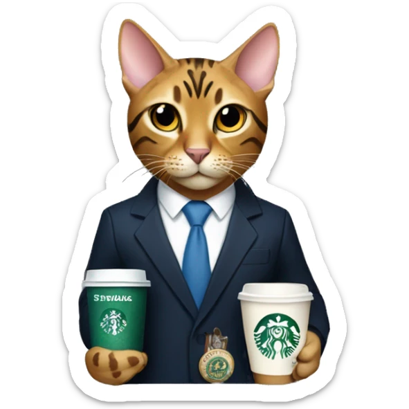 Bengal cat wearing a suit with a Merrill lynch employees badge holding a Starbucks coffee with its hands in a heart sticker