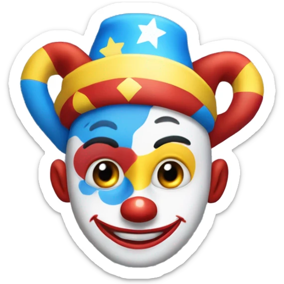 Design an animated harlequin clown character with a blue, red, and yellow outfit, a typical hat with yellow balls on the tips, a white face with rosy cheeks, large eyes with star-shaped pupils, and a mischievous smile sticker