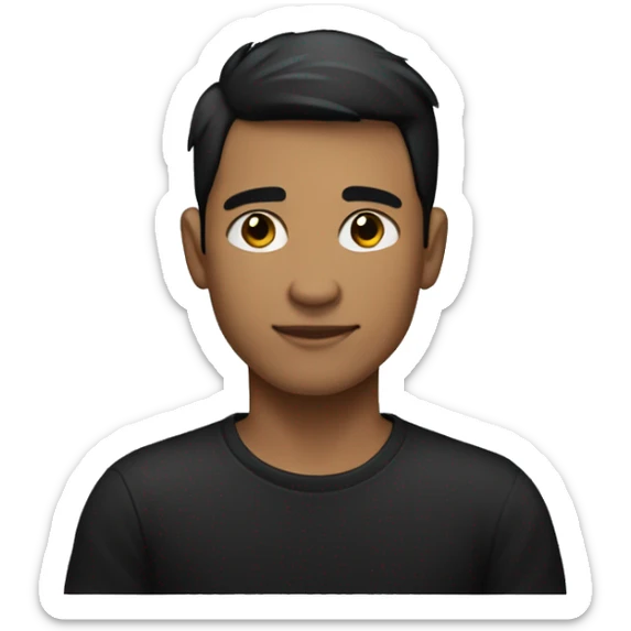 Create an emoji of a young man with short black hair, medium skin tone, wearing a black t-shirt, arms crossed, and a neutral expression sticker
