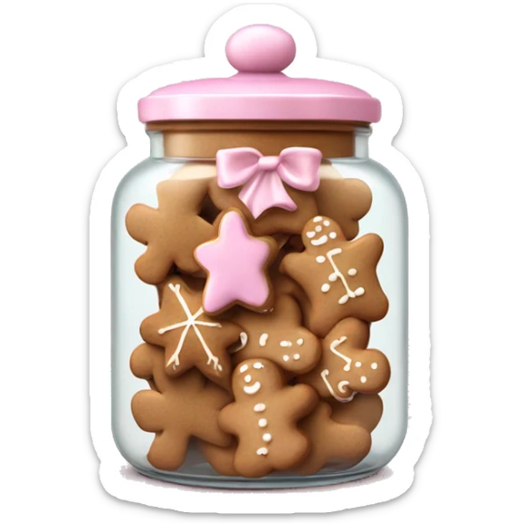 Realistic glass cookie jar with light pink lid full of gingerbread cookies isolated.  sticker