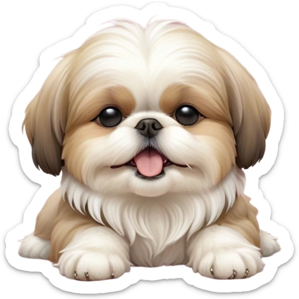 Cinematic Cute Yawning Shih Tzu Portrait Emoji, Head gently tilted with an irresistibly cute yawn and sleepy, half-closed eyes, showcasing a luxurious, fluffy fur in gentle pastel tones, simplified yet endearingly detailed, glowing with a soft, drowsy radiance, high shine, exuding tender, sleepy charm, styled with a delicate, soft glowing outline, capturing the essence of a Shih Tzu caught in a moment of adorable, sleepy bliss! sticker