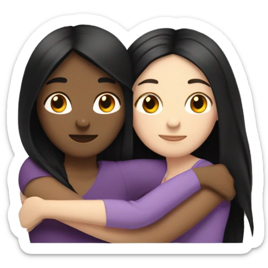 A lesbian couple who both have white skin and long black hair are hugging intimately. sticker