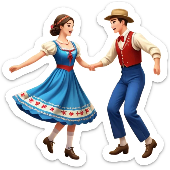 Cinematic Realistic scene of two square dancers in traditional American folk costumes, captured in joyful, coordinated motion with vibrant, rustic lighting that highlights their cultural heritage sticker