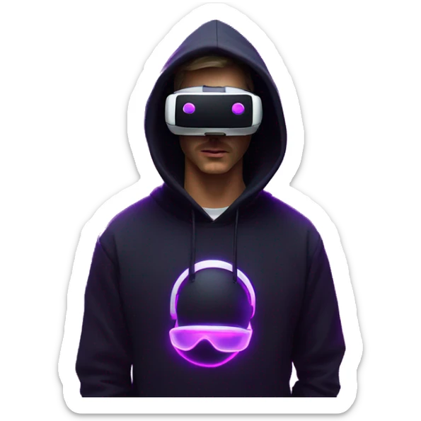 Russian man wearing a black hoodie with "OMG" letters on it and VR headset in a cyberpunk VR environment with violet neon lighting. sticker
