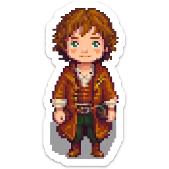 Whole body image of bilbo baggins from the lord of the rings  in pixel art style and formatted to fit emoji size for later adding to slack app sticker