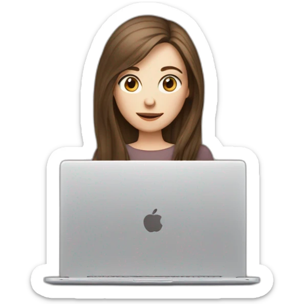 woman with pale skin and brown long hair hiding behind a very large laptop sticker