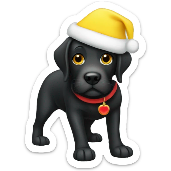 Black Labrador wearing a yellow Santa hat sticker