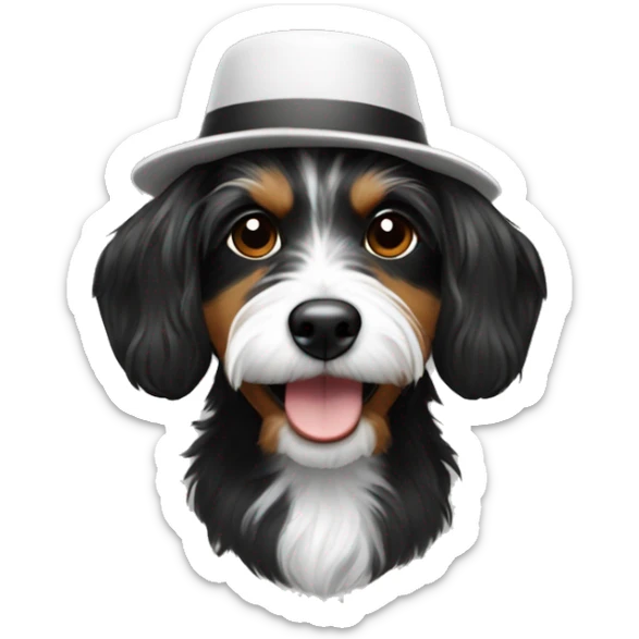 Black and white shitzu mixed with dachshund with shaggy hair wearing a hat sticker