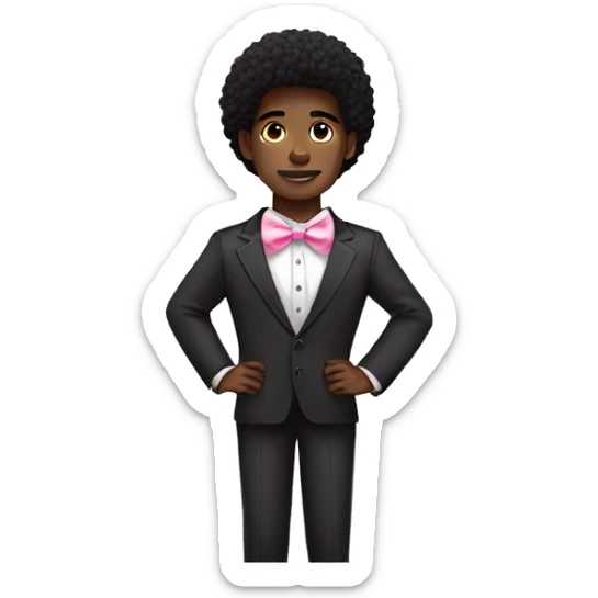 A black twink with an black afro mullet in a suit, intricate face, a pink bow tie sticker