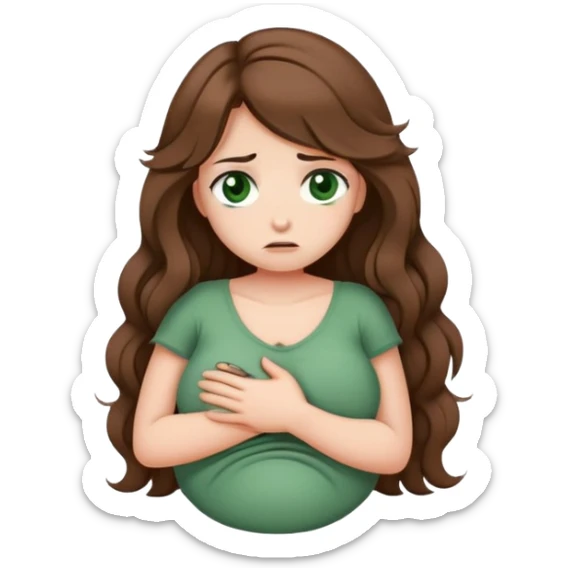 Sad Girl with curled brown long length hair and dark green eyes with belly ache sticker