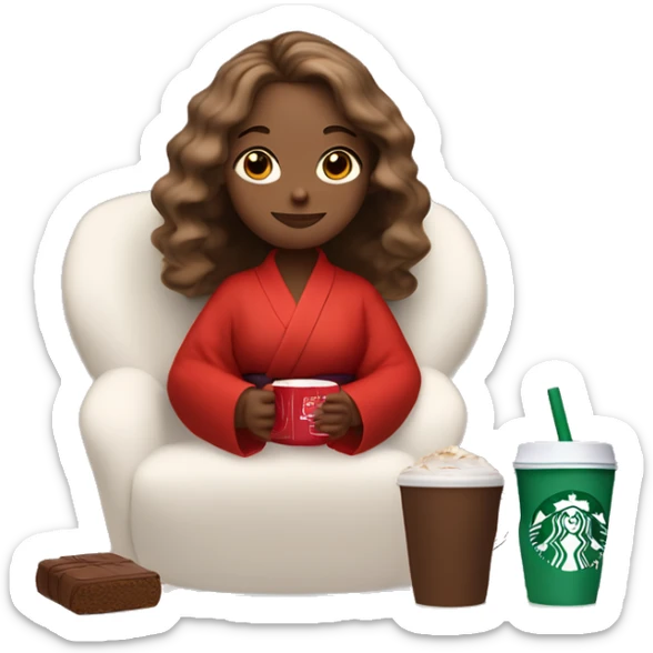 a girl with light brown hair and a beautiful dyson hairstyle is sitting in a red silk robe with her eyes closed and with a white Starbucks cup with cocoa at her mouth and drinking sticker