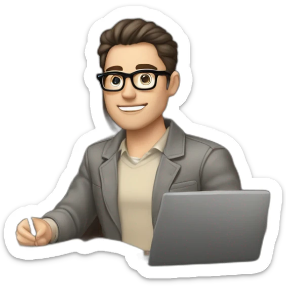 Pale skinned Fit Man With dark brown hair in gray jacket, beige office shirt and vintage glasses sitting In a soft chair with a notebook with emblem Ψ and a pen in his hands sticker