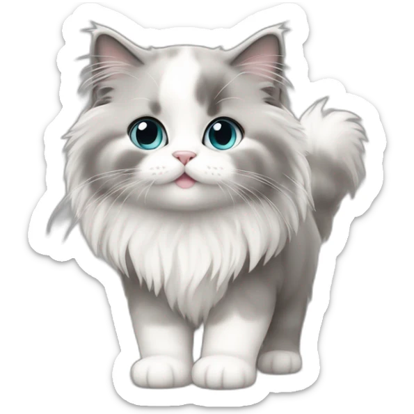full body of cute chubby baby gray and white long haired ragdoll cat sticker