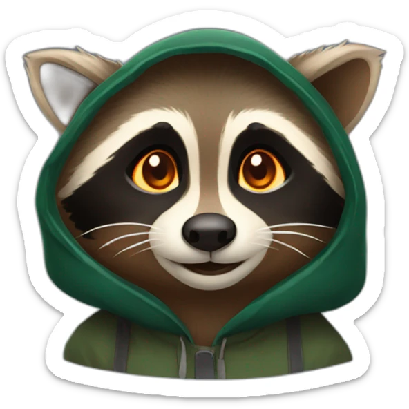 brown raccoon with orange eyes and a dark green hood that smile sticker