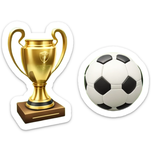 A football resting on the green grass of a soccer field, with goalposts and field markings in the background. In the foreground, the UEFA World Cup trophy gleams, symbolizing the pinnacle of football achievement, adding an element of prestige and competition to the scene. sticker