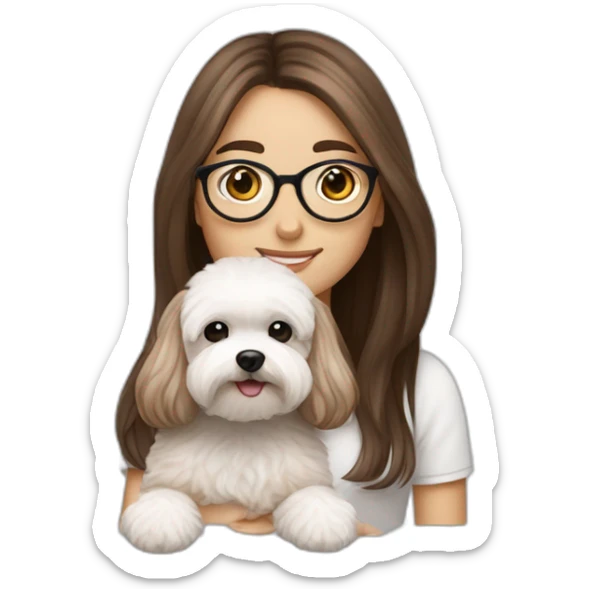 Long straight brown hair, eyeglassed turkish girl with white maltipoo sticker