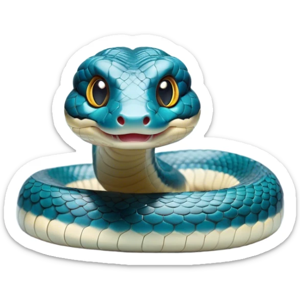 Cinematic Cute Chinese Water Snake Portrait Emoji, Head tilted playfully and inquisitively, with a compact, lithe form and a smooth, shimmering coat in subtle aquatic hues, round, sparkling eyes filled with curious fluidity, Simplified yet irresistibly adorable features, highly detailed, glowing with a warm, friendly glow, high shine, affectionate and agile, stylized with a touch of aquatic whimsy, soft glowing outline, capturing the essence of a mischievous yet loving water snake that feels like it could slither out of the screen into your arms! sticker