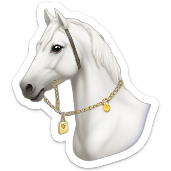 White stallion mustang wearing a key around the neck only necklace no mouth strap showing neck no lock sticker
