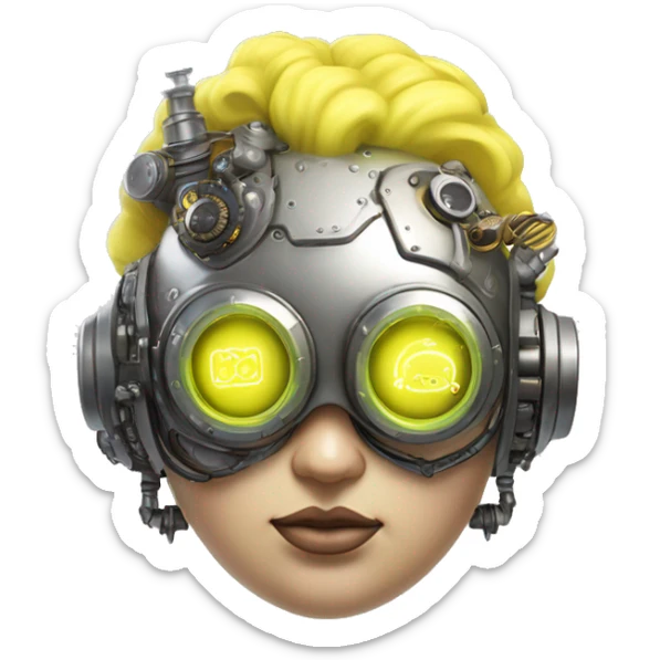 Fat Caucasian female cyborg head with Neon yellow bobbed hair, silver steampunk goggles and circuits sticker