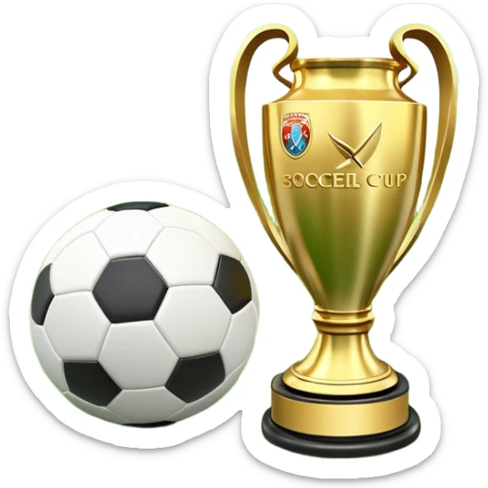 A football resting on the green grass of a soccer field, with goalposts and field markings in the background. In the foreground, the UEFA World Cup trophy gleams, symbolizing the pinnacle of football achievement, adding an element of prestige and competition to the scene. sticker