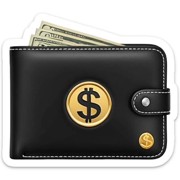 Rich emoji style black leather wallet with dollar bills, luxury money vibe, premium 3D emoji, ultra clean, high detail, no background sticker