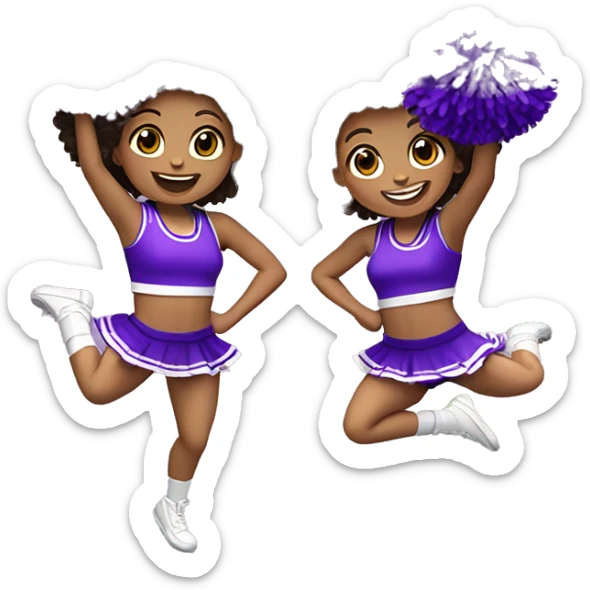 Caucasian cheerleader with dark brown curly hair, jumping and holding up two purple Pom poms, small full body emoji sticker