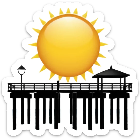 A black and white image of a pier in the ocean as a silhouette with the sun in the background sticker