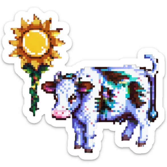 pixel art hybrid where a staircase, a sun, and a cow are fused together, with the sun shining from behind the cow and steps blending into its body sticker