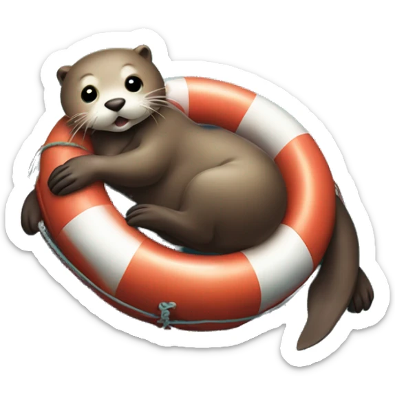 Otter lying on its back with a big belly and tired on a boat rescue buoy in the middle of the sea sticker
