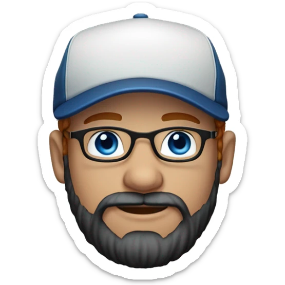 30 years old, male, short curly red hair, glasses, black baseball hat, blue eyes, pale complexion, thick beard and thin mustache sticker