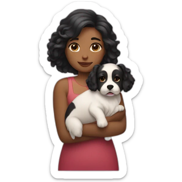 Plump girl with dark black wavy hairs holding dog in her arm sticker