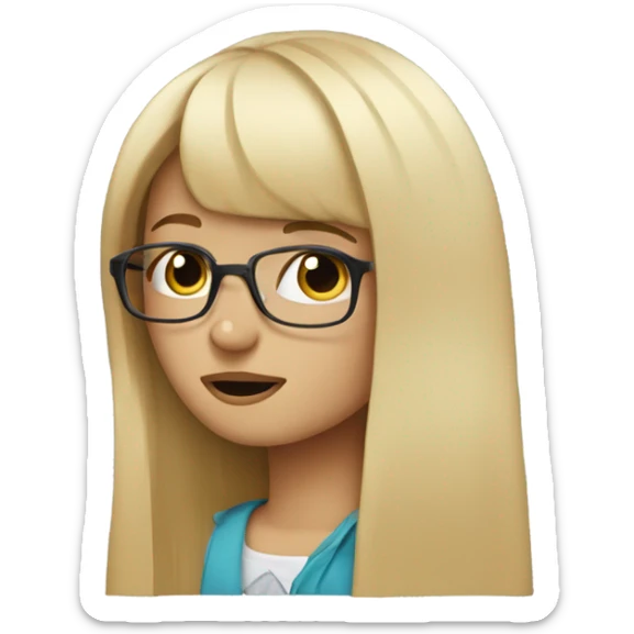 Girl blonde straight hair with bangs and glasses crying with a suitcase sticker