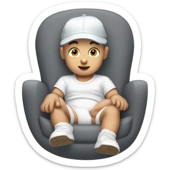 Young white man in unlabeled baseball hat rocking a white infant baby in puffy grey rocker  sticker