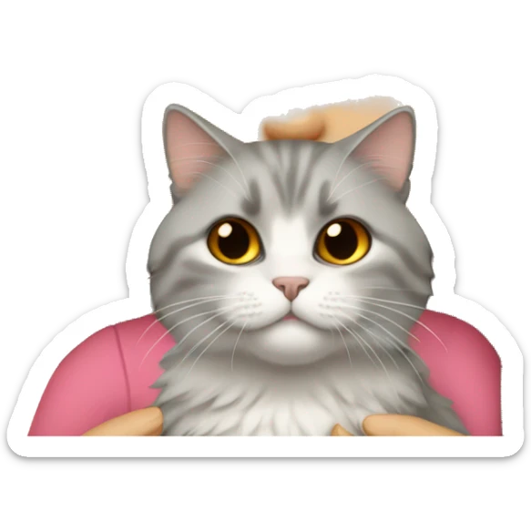 Dark brown straight hair girl holding fluffy Siberian gray cat  sticker