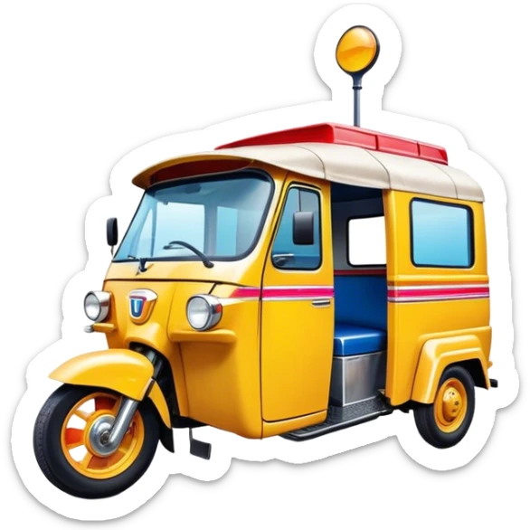 Cinematic Realistic Tuk Tuk Pop Culture Emoji, featuring a vibrant portrayal of the iconic Thai tuk tuk rendered with dynamic textures and lively, urban lighting. sticker