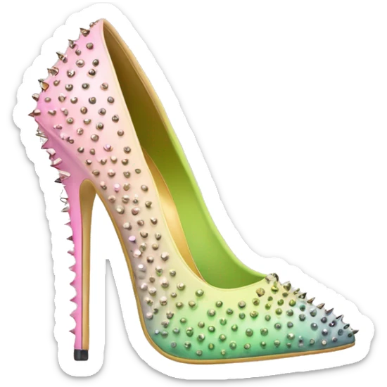 Hyper Realistic top front view of a pair of pastel pink,pastel green,and pastel yellow ombre gold studded pointed toe stiletto shoes.  sticker