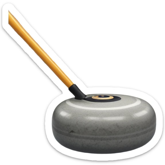 An icon showing a detailed close-up of a curling stone sliding across the ice, with a broom in motion beside it. The background features an indoor stadium with cheering spectators on the stands. Transparent background captures the strategy and focus of curling. sticker