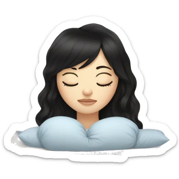 Woman pale skin black hair with bangs sleeping in bed with pillow, white woman sticker