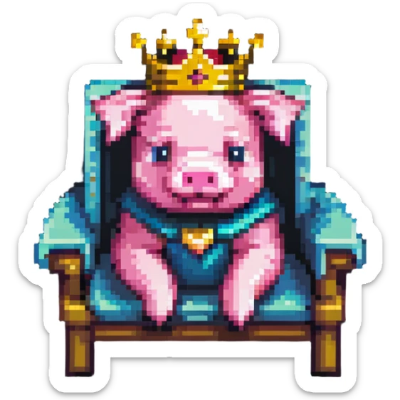 cartoon-like pixel art pig with a golden crown sitting on a throne, blocky and square like Minecraft, playful and expressive sticker