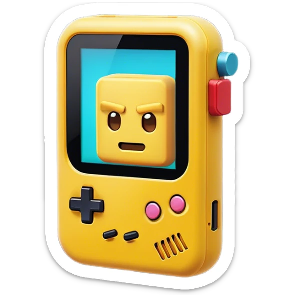Clash of Clans aesthetic: Cinematic Playful Game Boy Portrait Emoji, rendered in a 3D vector-style similar to standard emojis with minimal shading and bold, simplified shapes. A compact, distinct form with signature details, softly glowing with a nostalgic gaming charm. Simplified yet unmistakably iconic, highly detailed and consistent, glowing with a soft radiance and high shine. Stylized with a touch of retro gaming magic and a soft glowing outline, capturing the essence of a beloved gaming relic with a friendly, playful manner! sticker