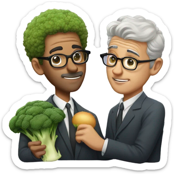 man in his 20s with broccoli hair and glasses kissing an aged man sticker