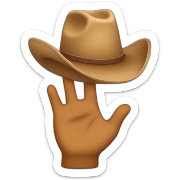 An emoji wearing a brown cowboy hat and waving his hand down the middle of the hat sticker