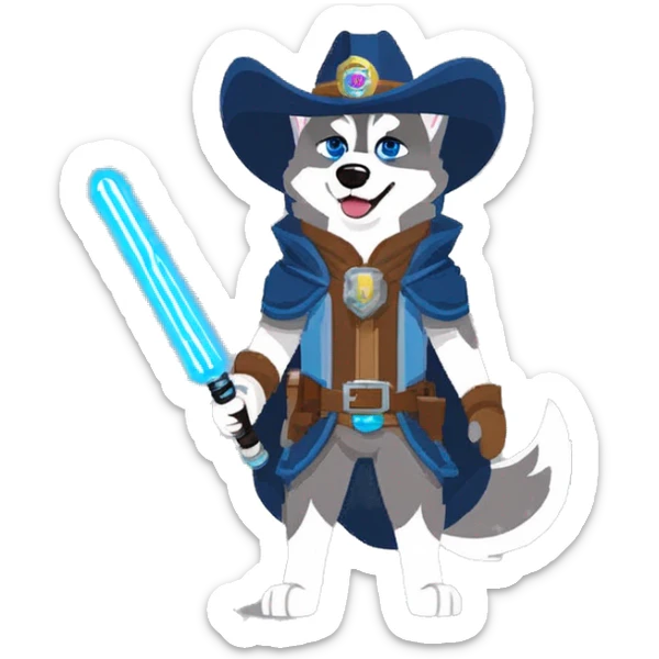 Gray Siberian Husky with blue eyes puppy wearing a cowboy hat dressed in Jedi clothing Holding a Lightsaber with the Paw sticker