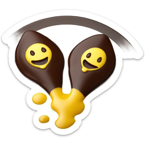 1 Chocolate quenelle and 1 vanilla quenelle on a fine dining glass plate with 3 small drops of yellow sauce as decoration sticker