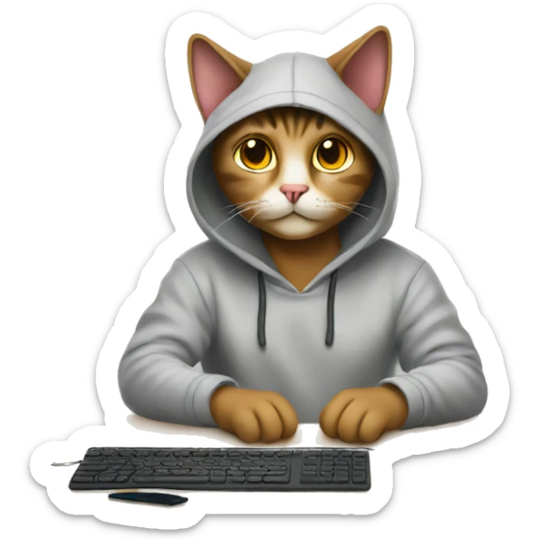 cat is a graphic designer in a hoodie and headphones, working at a computer in photoshop sticker