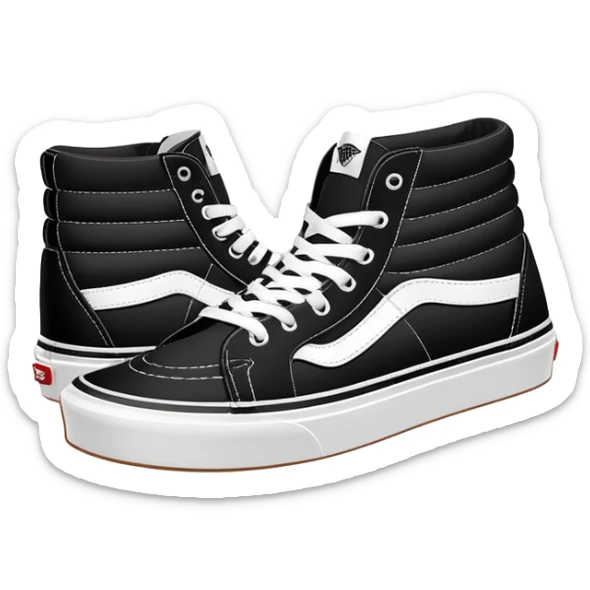 Clean minimalist iOS emoji style pair of black Vans Sk8-Hi high tops with one behind the other, simple forms, flat design, essential white stripe detail sticker