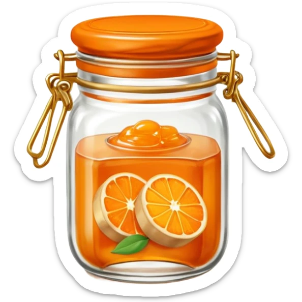 Hermès-style vintage baguette with orange jam jar, glass jar, gold and orange details, vintage French style, cute emoji style sticker