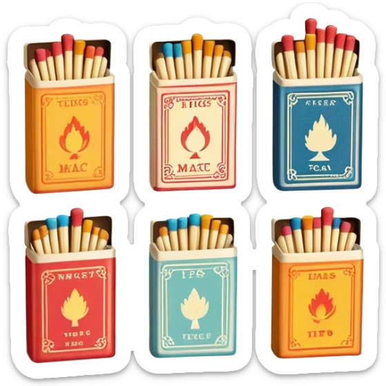 Icon for Matchbox Collecting: a collection of colorful vintage matchboxes arranged in a row, with the match tips visible on the sides. The icon should highlight the unique design and charm of the matchboxes from various places. Transparent background. sticker