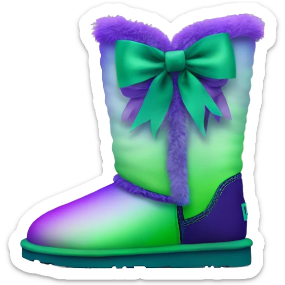 Realistic pair of green to purple ombre Ugg fur boots with silk ribbon bows. sticker