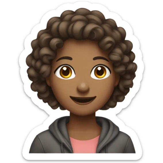 a woman saying hey! with a smile and a wave with a cute outfit on. long curly hair, brown eyes, brown skin, in leggings and a hoodie sticker